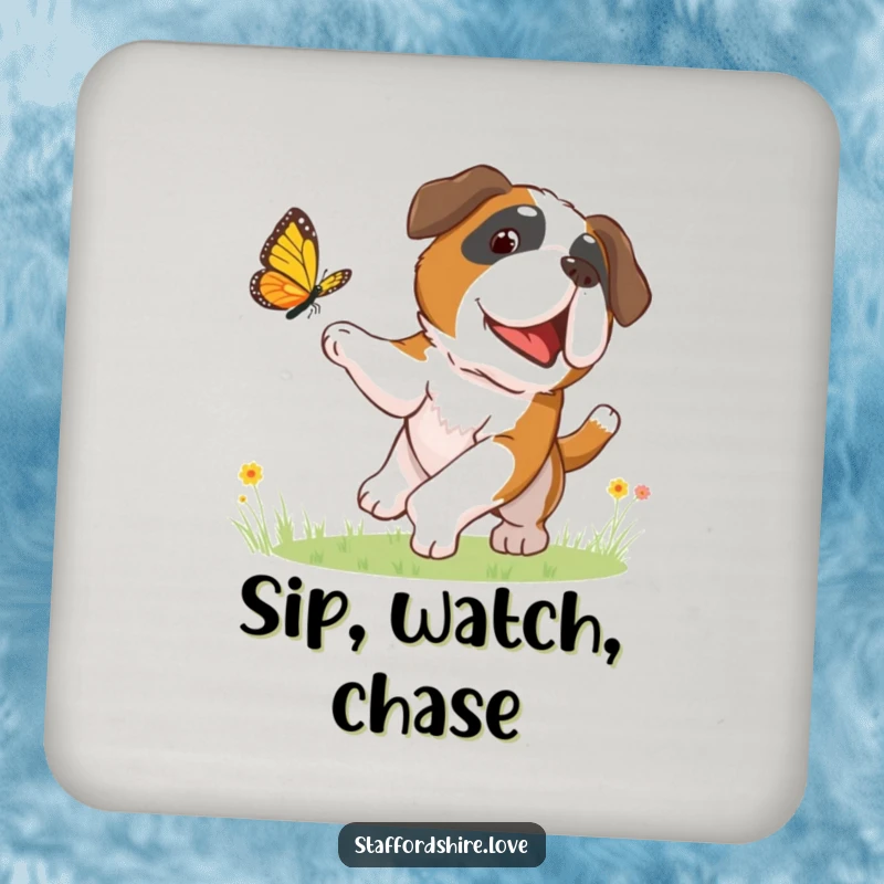 Funny drink coaster set with a Saint Bernard dog playfully chasing a butterfly, adding a humorous and protective touch to tables.