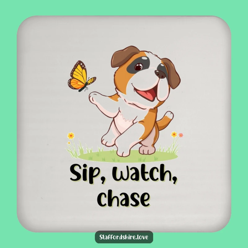 Funny Butterfly Chasing Coaster Set - Playful Saint Bernard Table Gift