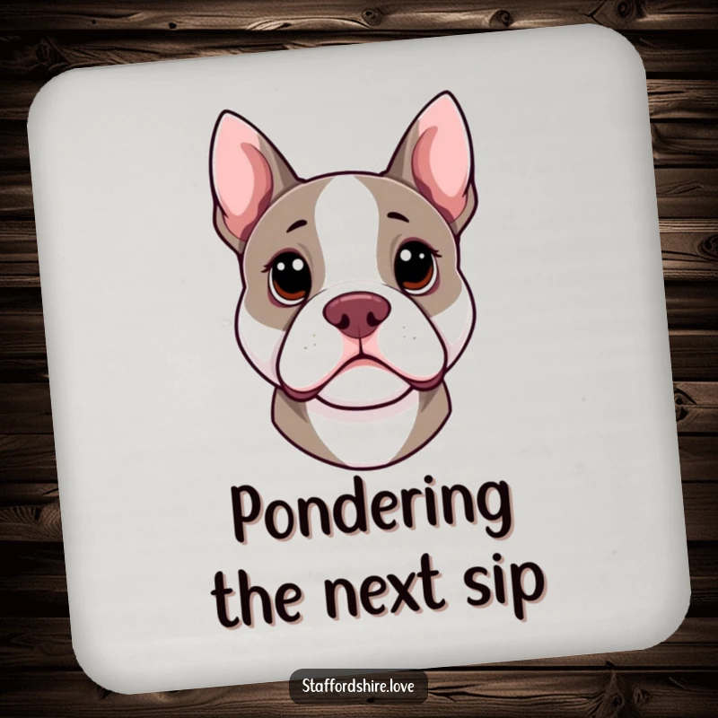 Funny kawaii Staffordshire Bull Terrier drink coaster with head cocked curiously, offering humorous protection and doggy charm.