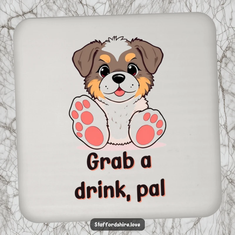 Funny kawaii Staffordshire coasters, featuring a pup with big paws reaching for a toy, protecting surfaces with canine playfulness and humor.