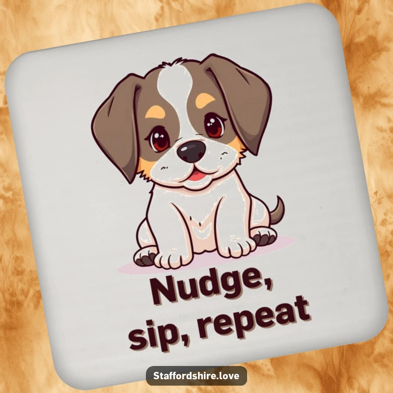 Funny kawaii Staffordshire puppy with floppy ears, playfully nudging on a drink coaster, for humorous surface protection.