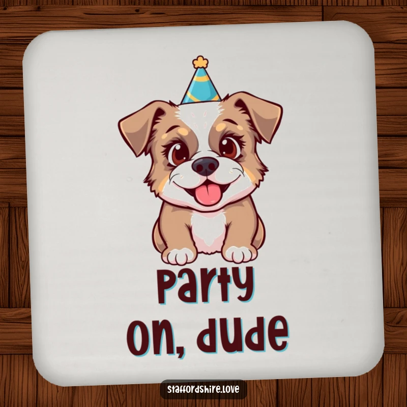 Funny drink coaster with a Staffordshire dog in a party hat, looking excited, adding festive dog humor.