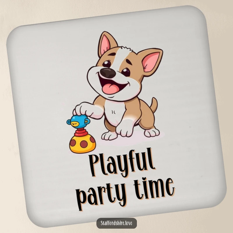 Funny drink coaster with a happy Staffordshire dog playfully pouncing at a toy, adding energetic dog humor.