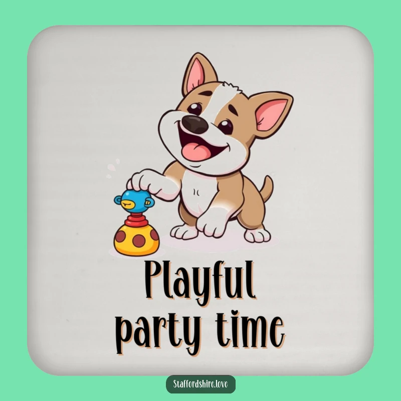 Funny Pounce Staffy Coaster: Playful Action, Energetic Protection, Funny!