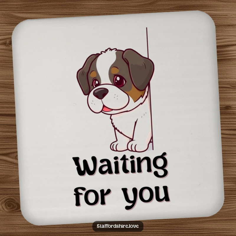 Funny Saint Bernard Coasters showcasing a dog with a mischievous glint, peeking around a corner, protecting furniture with humor.