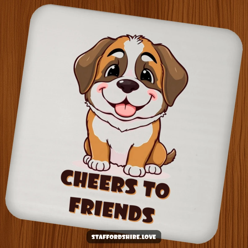 Funny Saint Bernard coaster capturing a dog's gentle nudge and warm smile, protecting surfaces with affection.