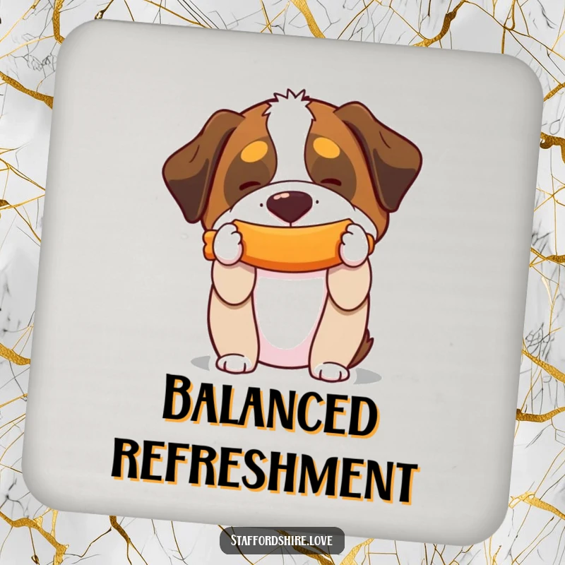 Funny drink coaster featuring a Saint Bernard balancing a squeaky toy humorously, adding canine talent to tabletops.