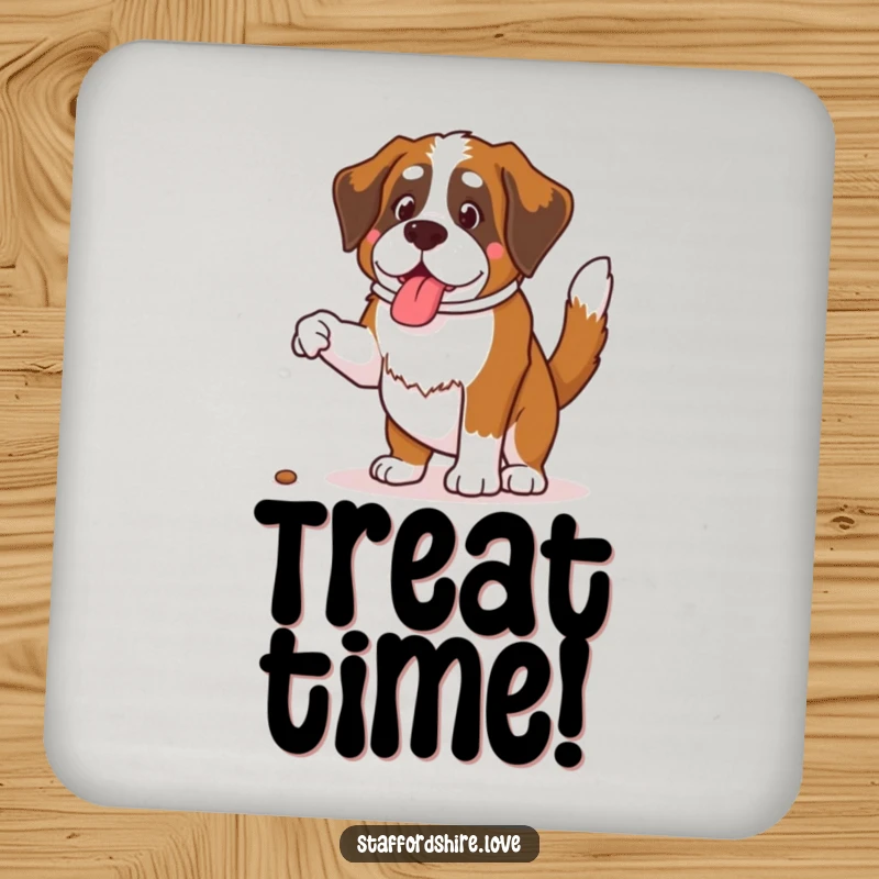 Funny Saint Bernard drink coaster featuring a dog with a wagging tail jumping for a treat, a cute accessory.