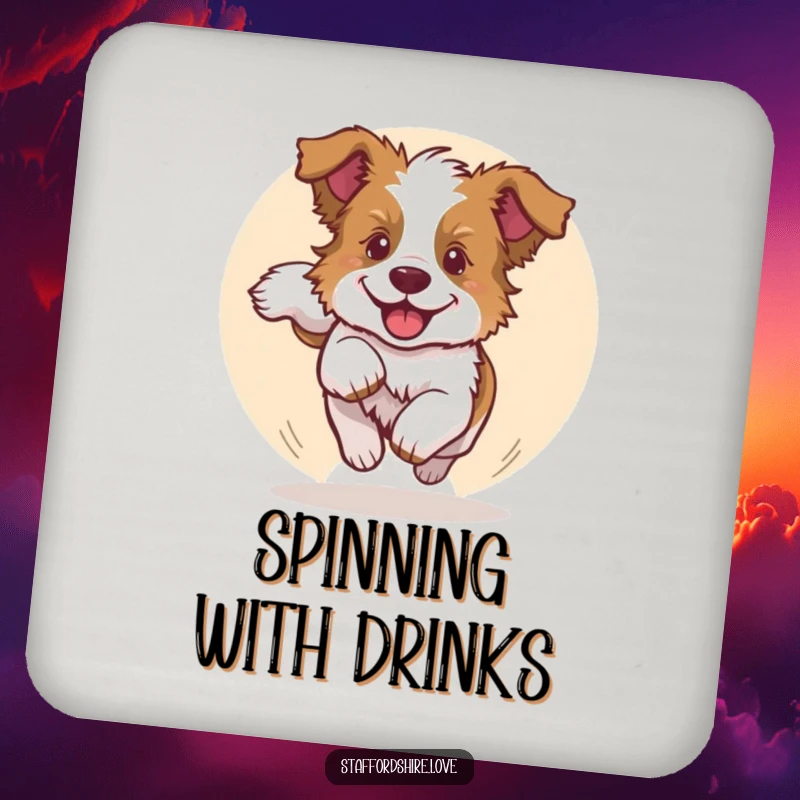 Funny drink coaster depicting a Staffy puppy joyfully chasing its tail, perfect for adding humorous canine charm to any table.