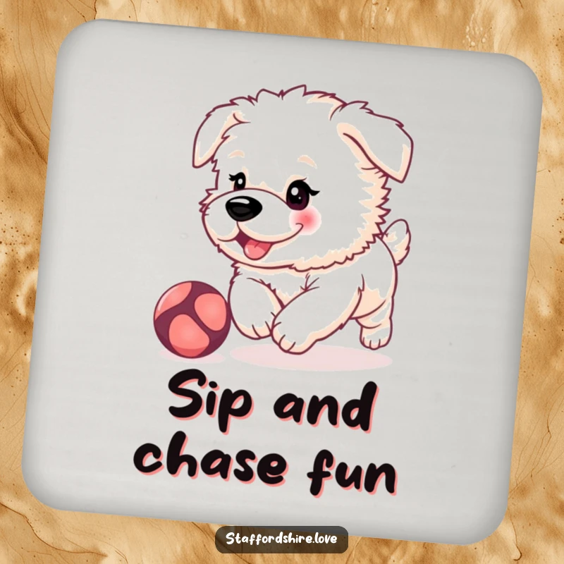 Funny, fluffy Staffordshire puppy with rosy cheeks, playfully chasing a bouncing ball on a set of protective drink coasters.