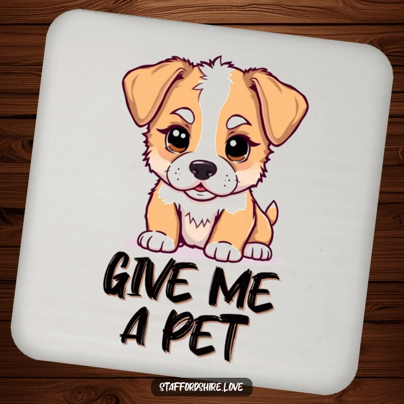 Funny kawaii Staffordshire puppy coasters, featuring a cute puppy playfully nudging, protecting surfaces with canine charm and humor.