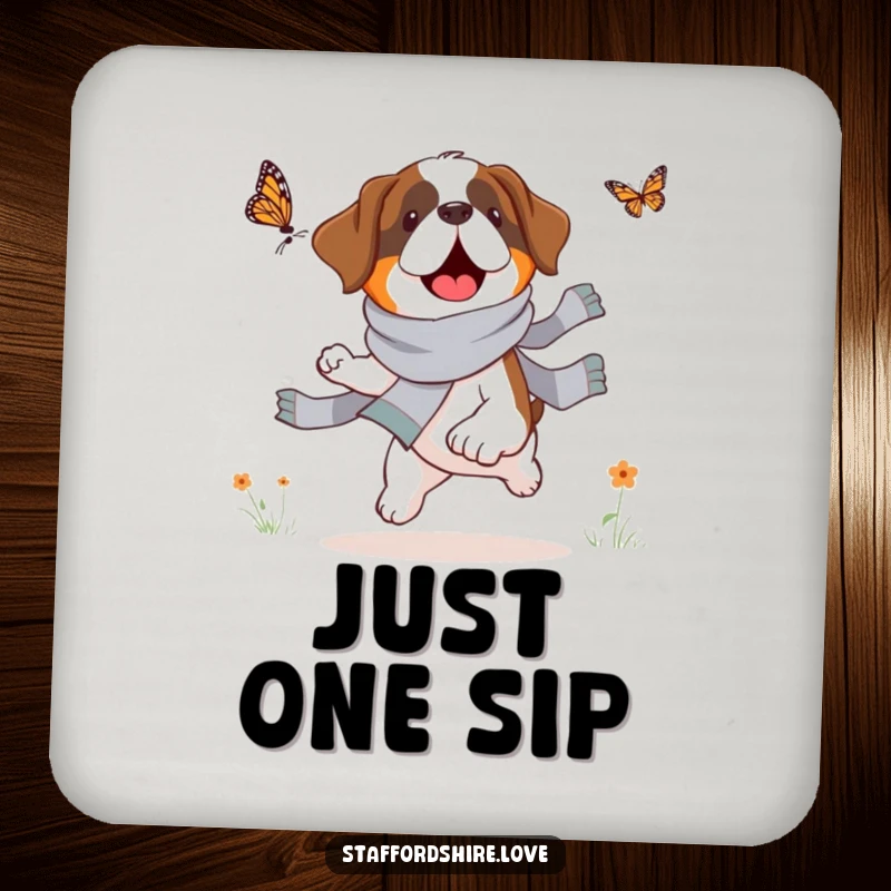 Funny Saint Bernard coasters, set of four, depicting a dog in a scarf chasing a butterfly, ideal for parties.