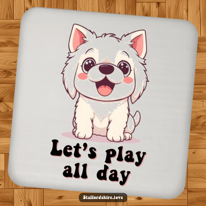 Funny Coaster featuring a Kawaii Staffordshire dog with excited, wide eyes, adding a playful touch to any drink.