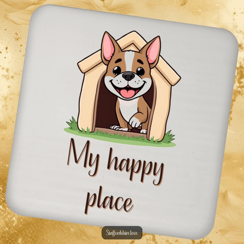 Funny Staffordshire dog coaster featuring a grinning dog head peeking from a doghouse, adding a touch of humor to any table.