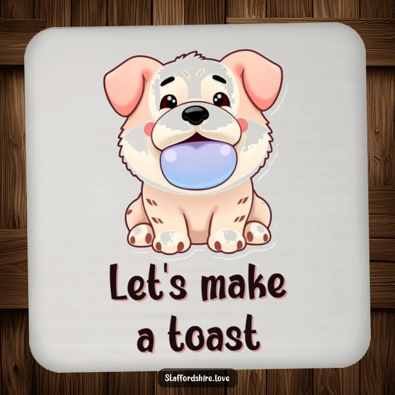 Funny Kawaii Staffordshire drink coaster showing an enthusiastic dog offering a slobbery toy, offering playful surface protection.