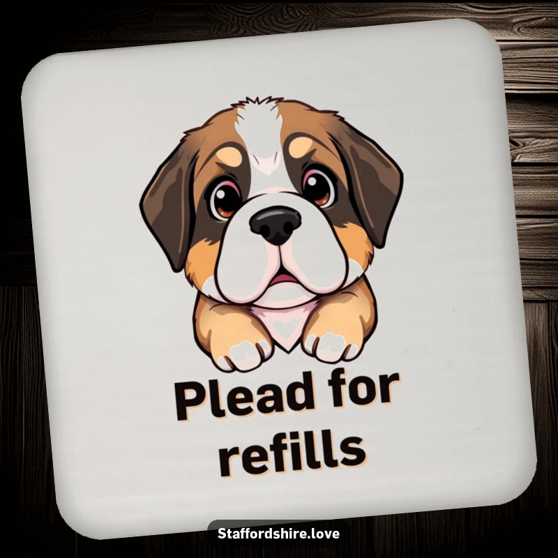 Funny Saint Bernard puppy drink coaster with large, pleading eyes, protecting furniture with a humorous and adorable design.