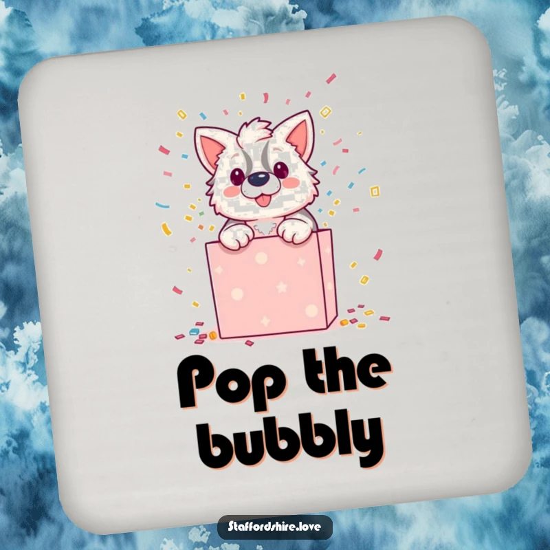 Funny drink coaster featuring a Staffordshire character bursting dramatically from a gift box with confetti, protecting surfaces humorously.