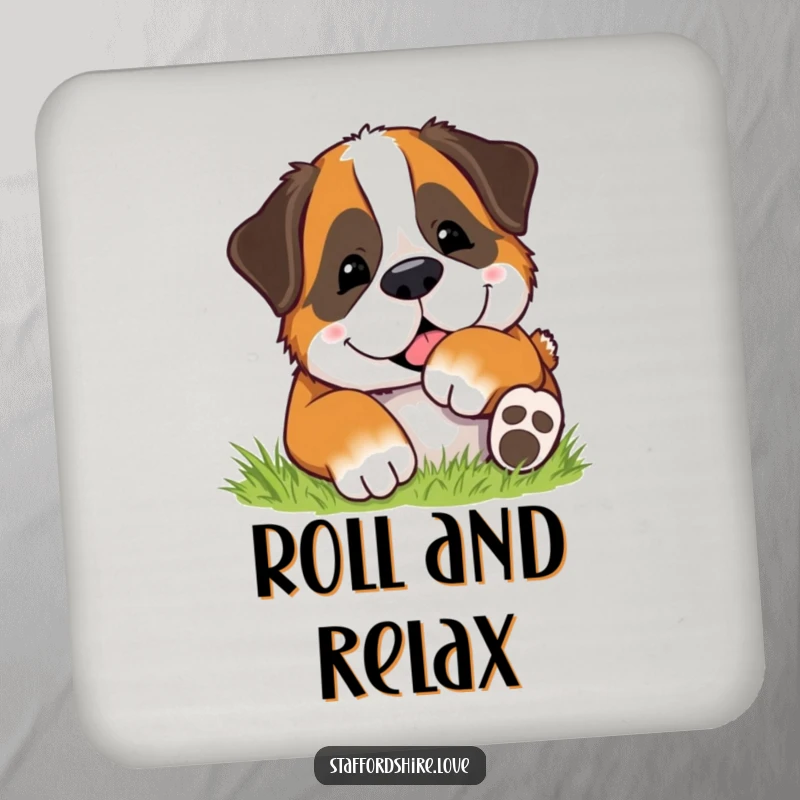 Funny drink coaster set with a Saint Bernard dog rolling happily in soft grass, adding a joyful and protective touch to tables.