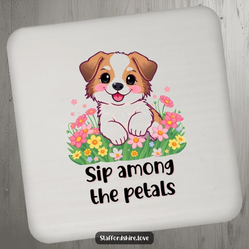 Funny Staffordshire dog happily rolling in flowers on a drink coaster. Ideal gift.