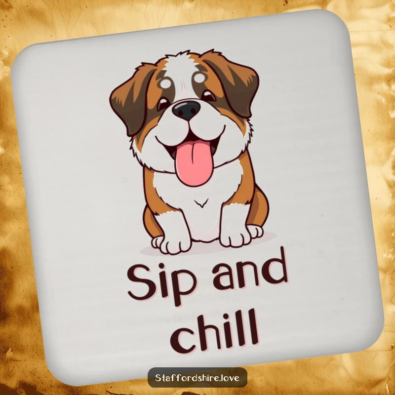 Funny Saint Bernard drink coaster showing a dog sighing happily with its tongue lolling out, protecting surfaces with humor.