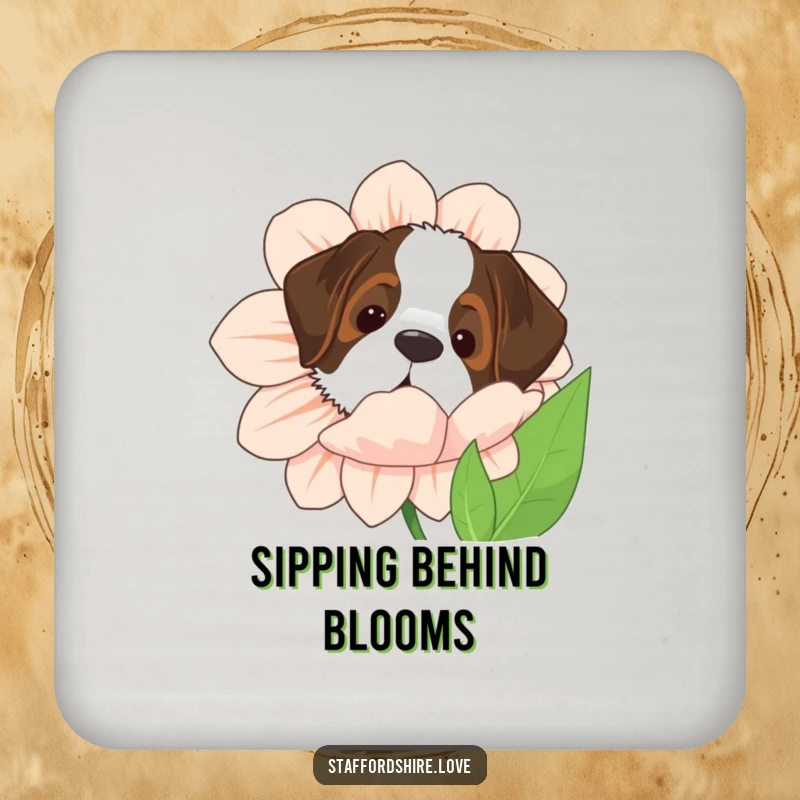 Funny Saint Bernard coaster with the dog peeking from behind a giant flower, adding a touch of canine humor.