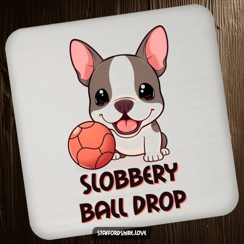 Funny Kawaii Staffordshire Bull Terrier coaster, enthusiastically presenting a slobbery ball, perfect for protecting surfaces.