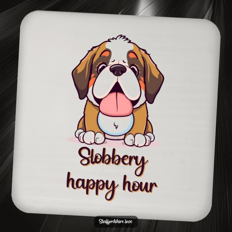 Funny Saint Bernard Coaster: Protective coaster with a cute kawaii Saint Bernard dog offering a slobbery toy.
