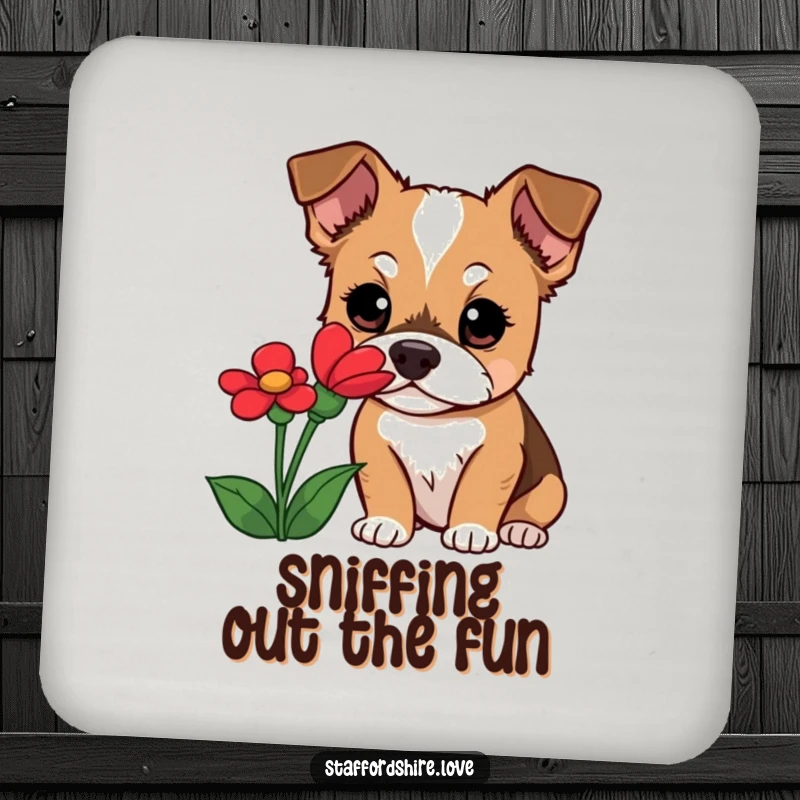 Funny Staffordshire dog coaster featuring a curious dog with wide eyes sniffing a red flower, a charming addition to any table.