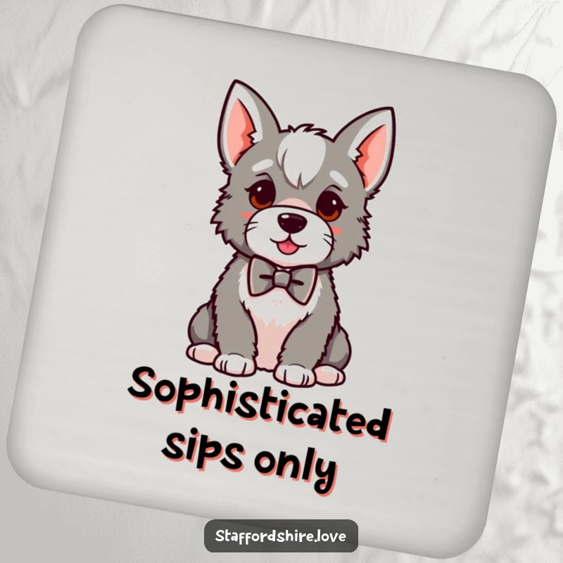 Funny kawaii Staffordshire coasters, featuring a proud dog sitting in a small bowtie, protecting surfaces with canine elegance and humor.