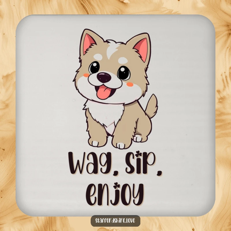Funny kawaii Staffordshire puppy with a wagging tail, panting happily on a drink coaster, for humorous surface protection.