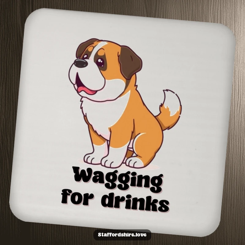Funny drink coaster featuring a Saint Bernard wiggling its whole body from a happy tail wag, adding joy to tabletops.