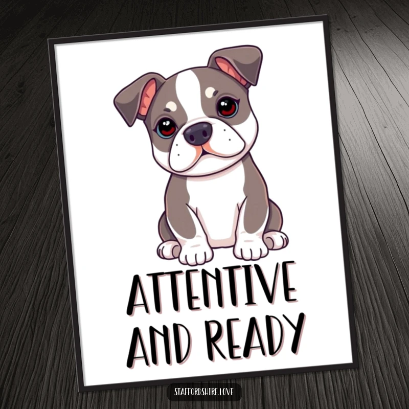 Funny kawaii Staffordshire Bull Terrier poster with ears perked up, adding attentive and humorous art to any room.
