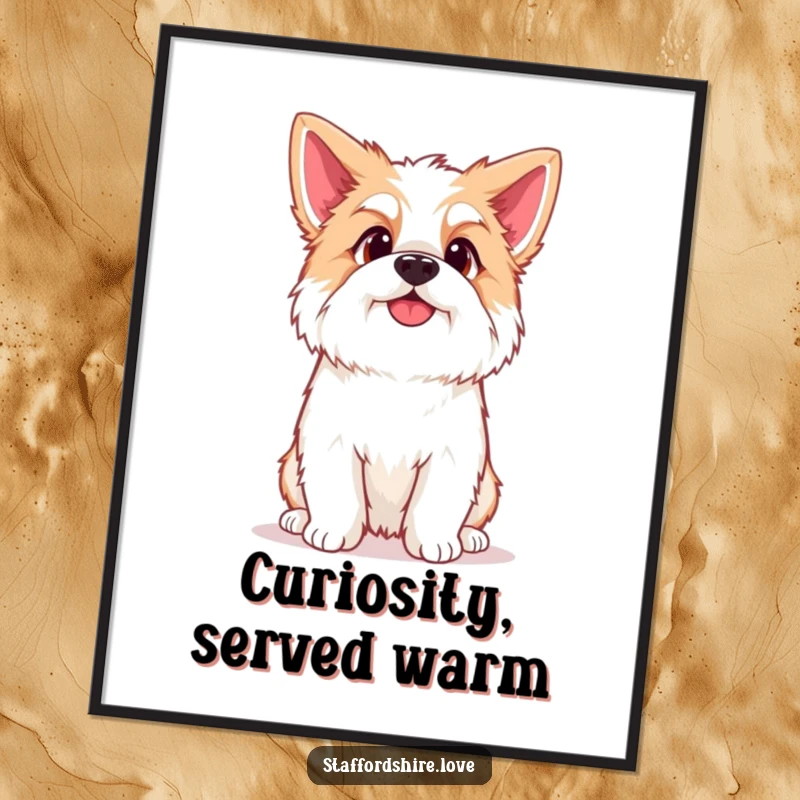 Funny Kawaii Staffordshire Poster, featuring a cute Staffy with a curious head tilt, adding charming and humorous artwork to any room.