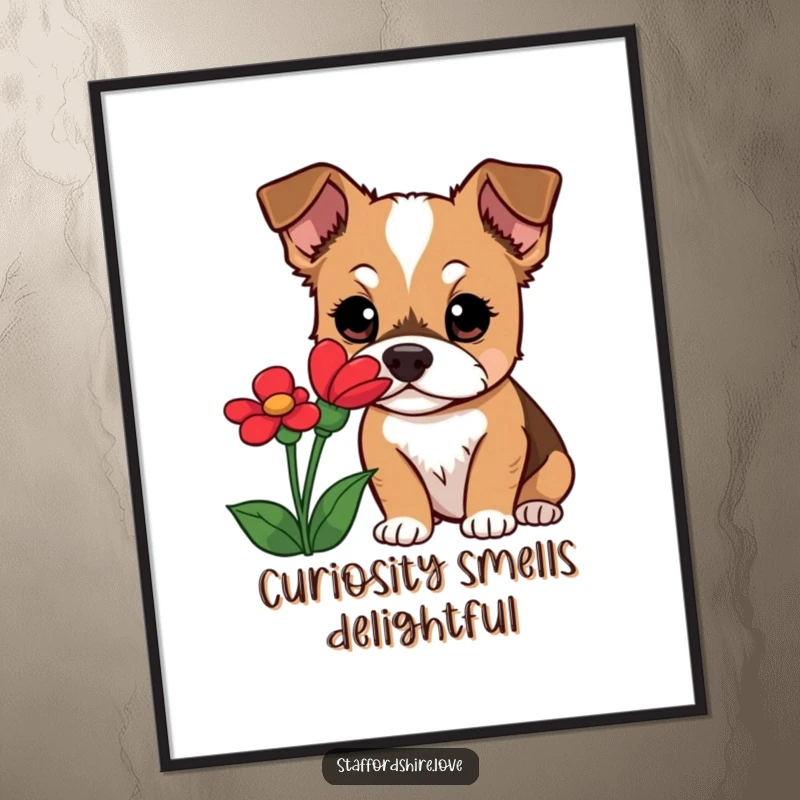 Funny Staffordshire dog poster illustrating a curious dog with wide eyes, intently smelling a bright red flower, a delightful nature-inspired artwork.