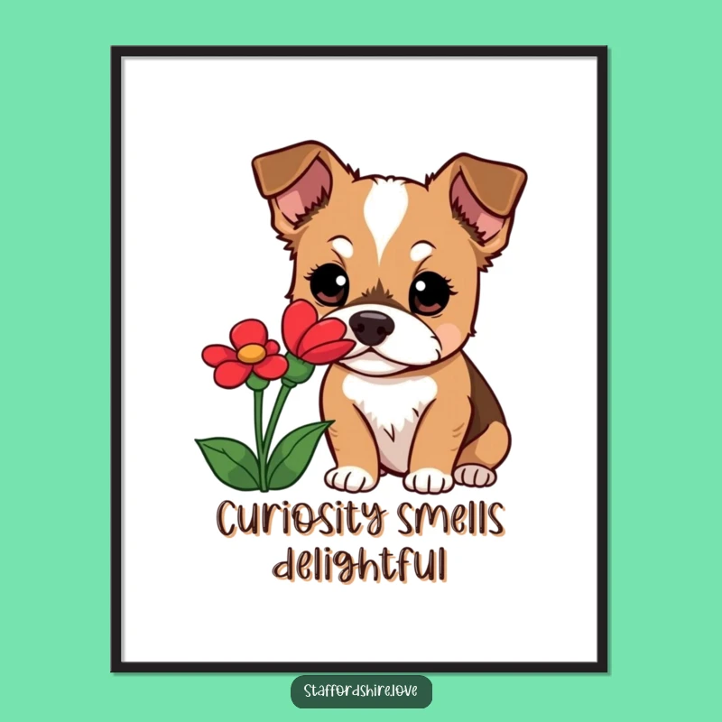 Funny Staffordshire Dog Poster: Curious Bloom Encounter, Whimsical Wall Art Gift!