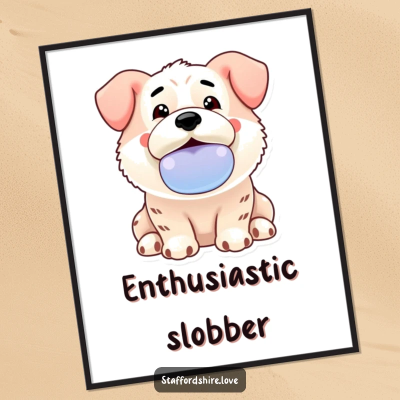 Funny Kawaii Staffordshire poster featuring an enthusiastic dog offering a slobbery toy, capturing pure joy and canine affection.