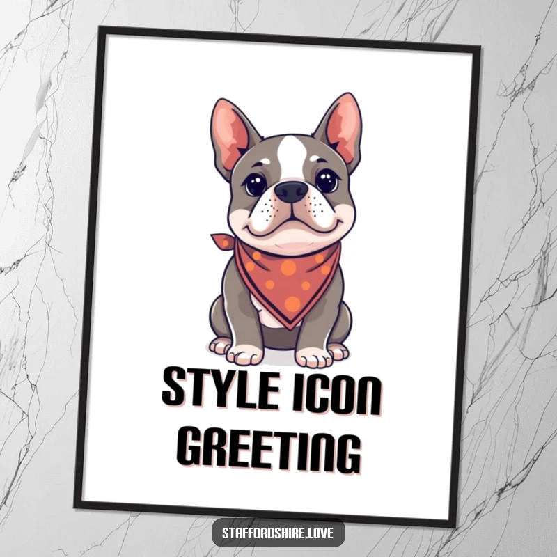 Funny Kawaii Staffordshire Bull Terrier poster wearing a small bandana, exuding a cool, confident, and stylish aura.