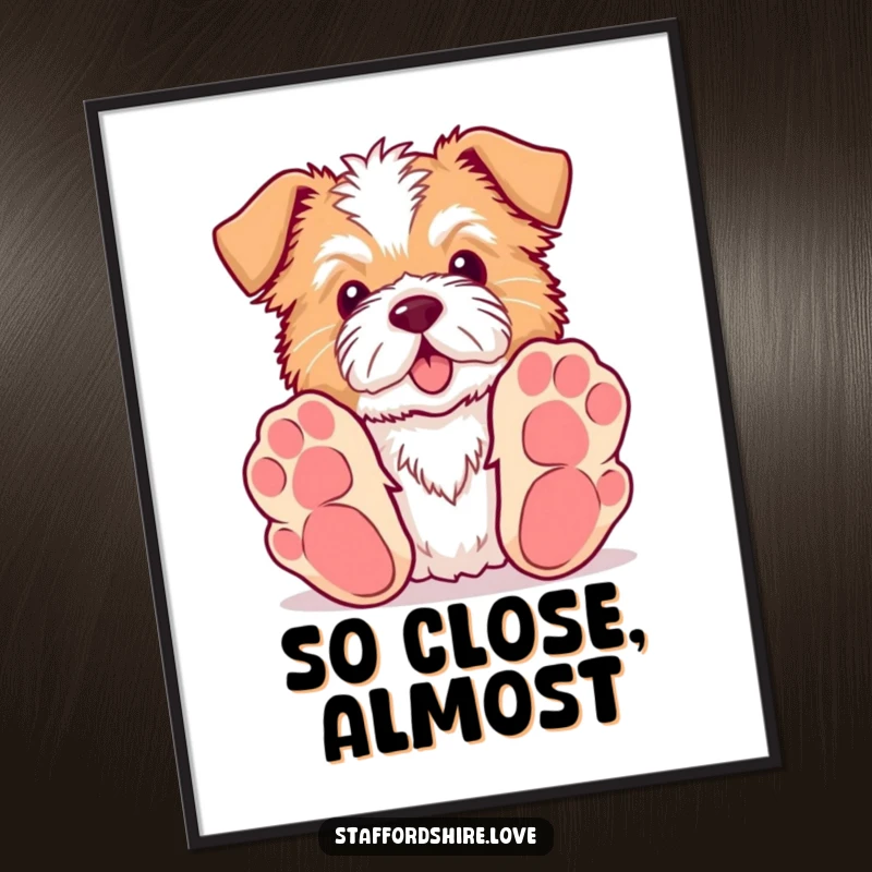 Funny Kawaii Staffordshire poster featuring a dog with comically large paws reaching for a toy, capturing pure playful excitement.