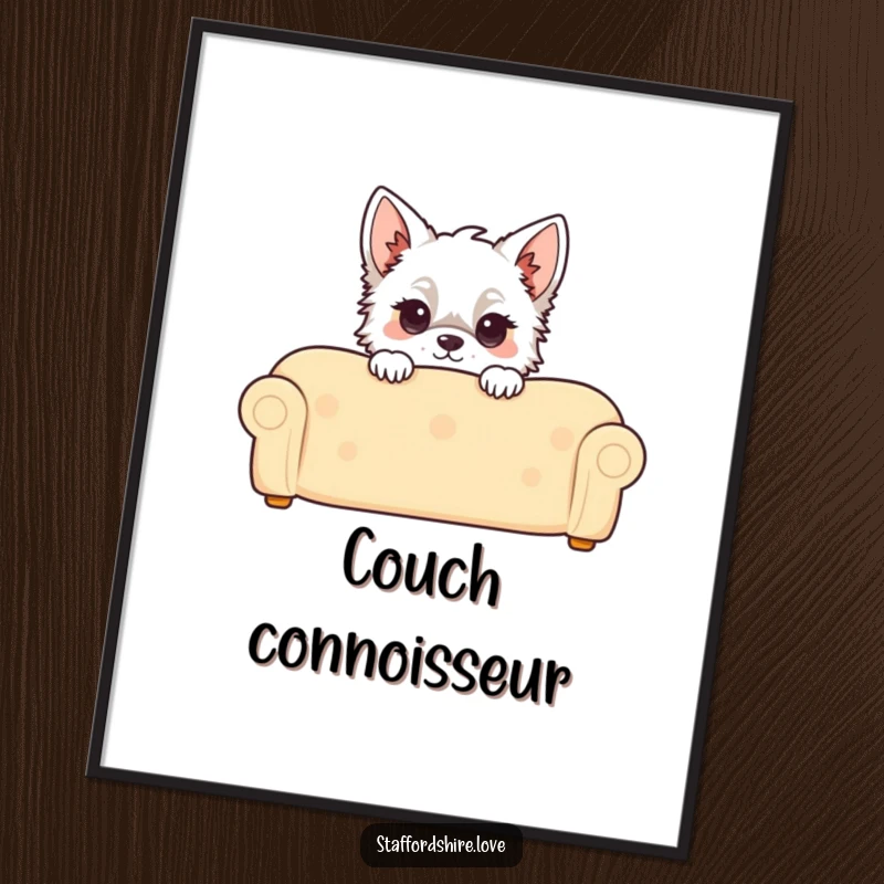 Funny Kawaii Staffordshire Poster, featuring a cute Staffy peeking over a couch, adding charming and humorous artwork to any room.