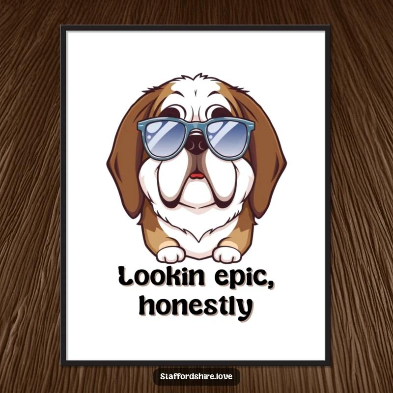 Funny Saint Bernard poster depicting a Saint Bernard dog with a hilarious goofy expression wearing miniature sunglasses, ideal for wall decor.