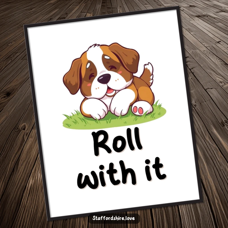 Funny Saint Bernard Poster: Charming wall art of a kawaii Saint Bernard dog hilariously rolling on the grass.