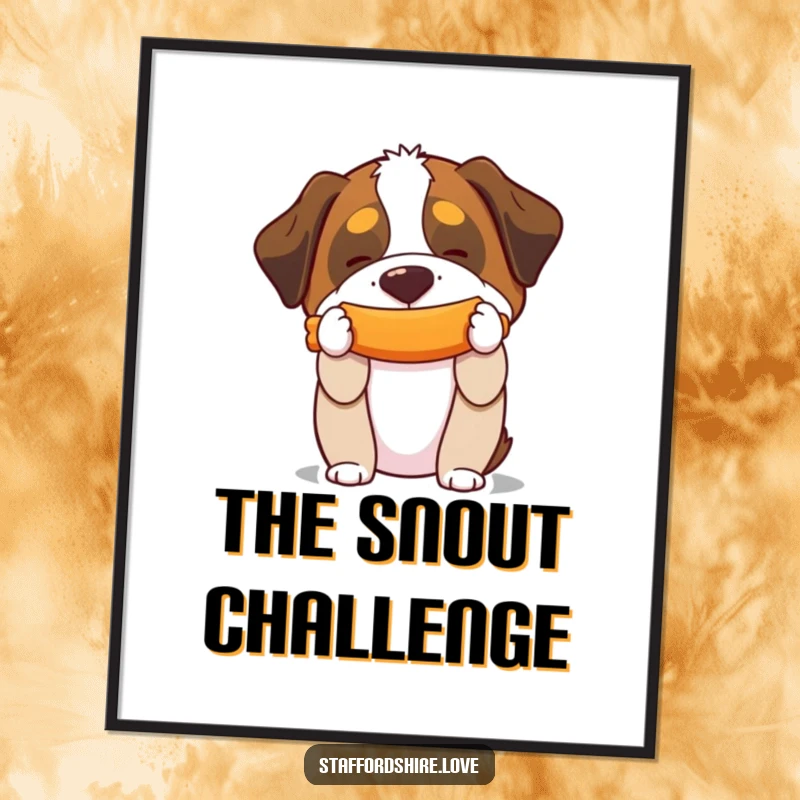 Funny poster of a Saint Bernard humorously balancing a squeaky toy on its snout, perfect for wall decor.