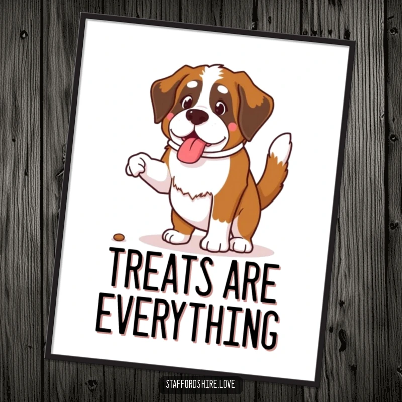 Funny Saint Bernard poster, a happy dog with a wagging tail jumping for a treat, perfect wall art.