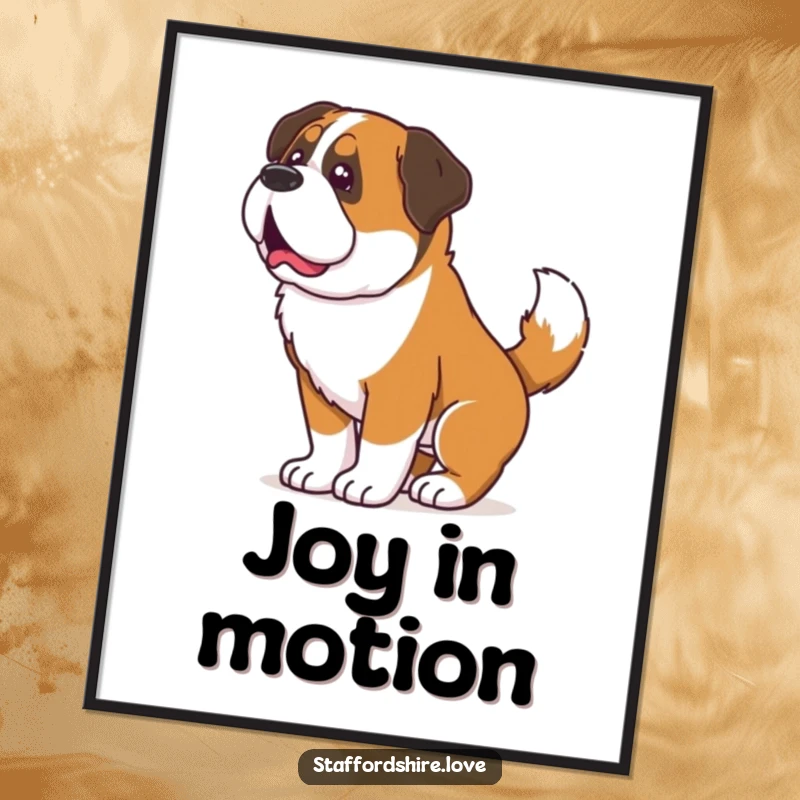 Funny poster of a Saint Bernard wiggling its whole body due to an excited tail wag, perfect for humorous wall decor.