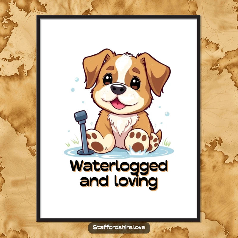 Funny Staffordshire dog with big paws playing in a sprinkler on a wall poster. Great gift.
