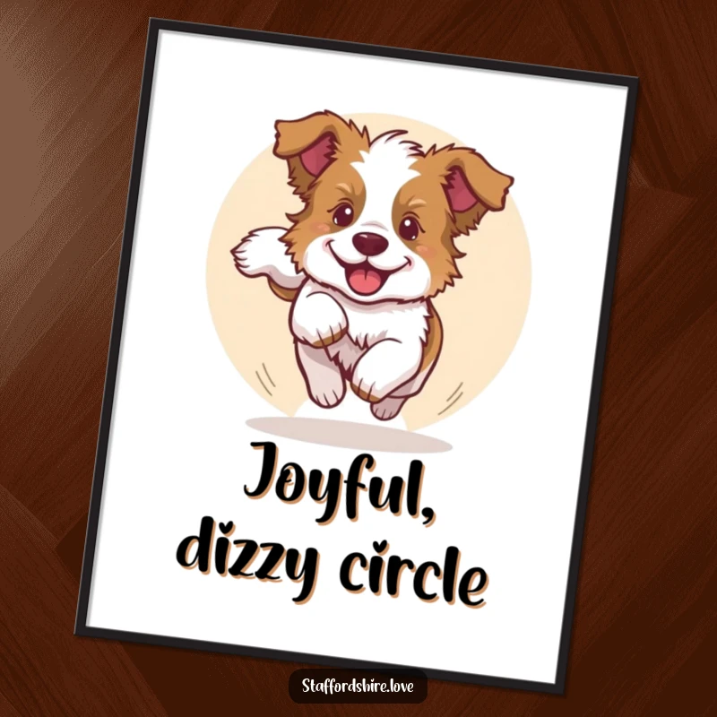 Funny poster print of a Staffordshire bull terrier puppy spinning in a circle, chasing its tail with immense joy and humor.