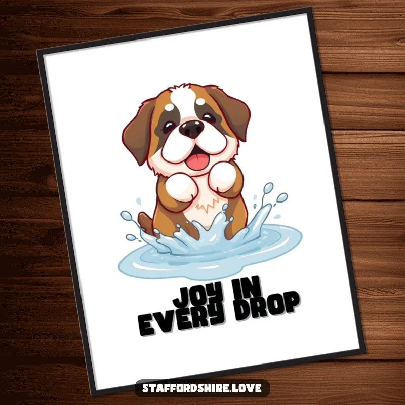 Funny poster featuring a kawaii Saint Bernard dog playfully splashing in a puddle, cute and humorous wall art.