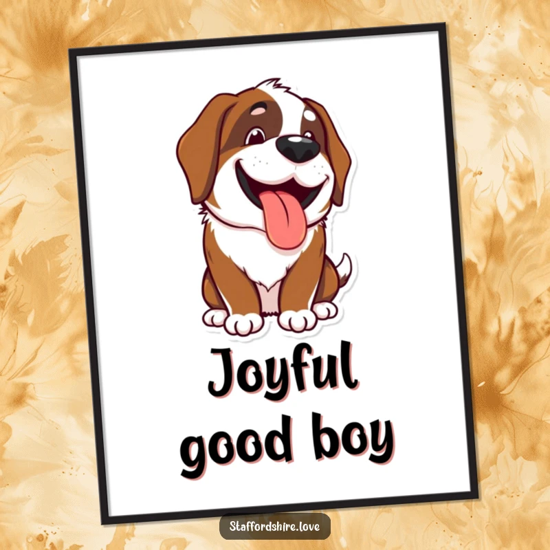 Funny Kawaii Saint Bernard poster featuring a happy, panting dog with a wide grin, ideal wall art and a funny gift.