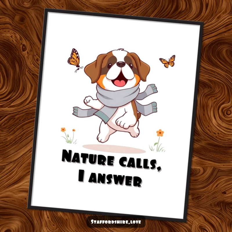 Funny Saint Bernard poster, vibrant art, a fluffy dog in a scarf chasing a butterfly, perfect for animal lovers.