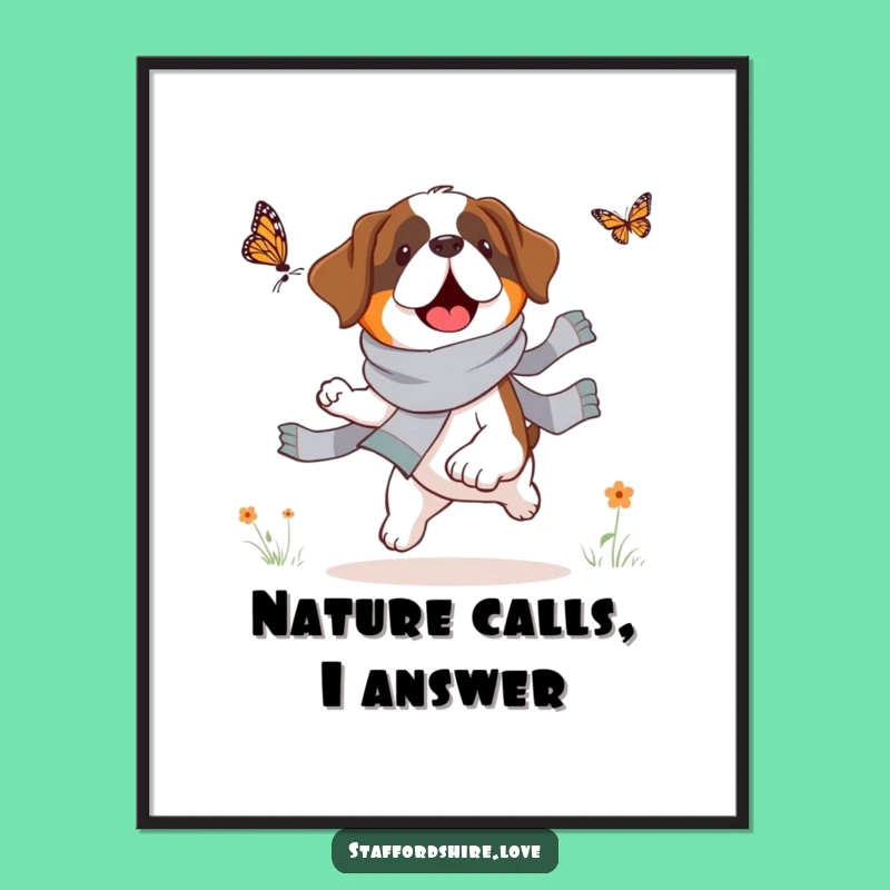 Funny Saint Bernard Butterfly Chase Poster: Whimsical Wall Art, Hilarious Dog Decor Gift